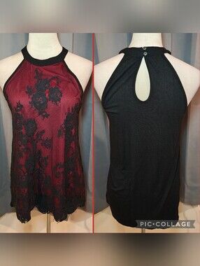 Vintage Vanity Romantic Dark Goth Red & Black Lace Halter Neck Top.
